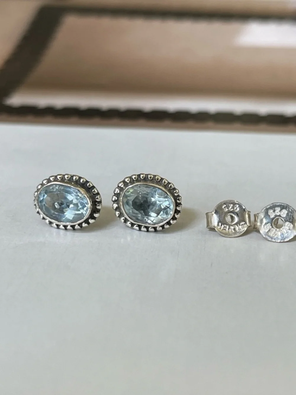 Blue Topaz stud Earrings 925 Sterling Silver,     V I B E S